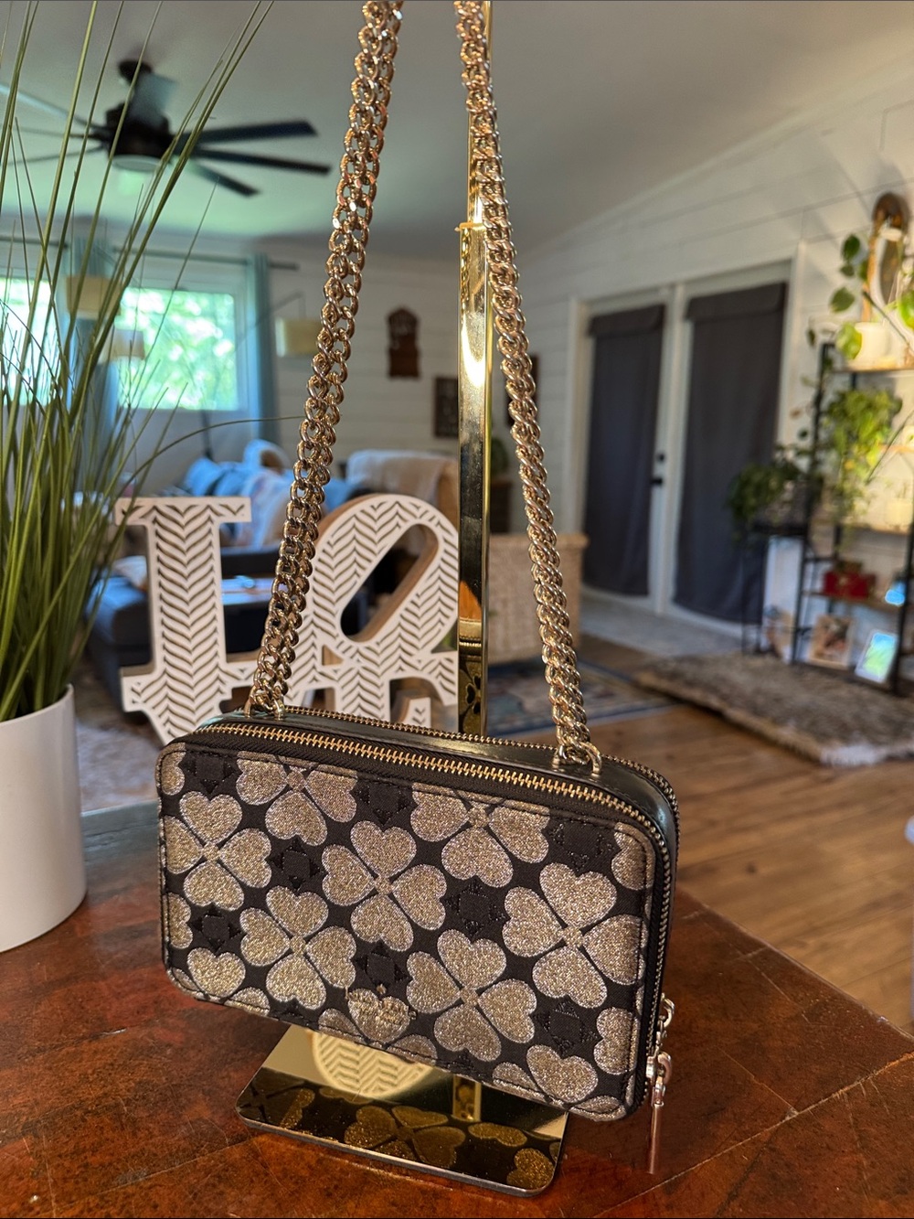 kate spade Black and Gold Glitter Clover Crossbody Wallet